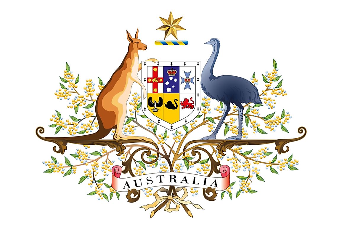 The Australian Coat of Arms features the red kangaroo and emu, both native animals. 