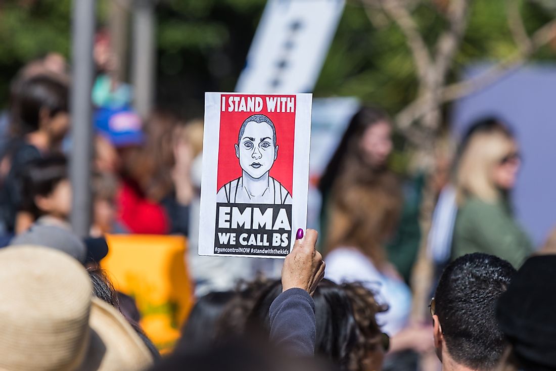 Protester holding up a "I stand with Emma" sign at a People's Rally Against Gun Violence. Editorial credit: Karl_Sonnenberg / Shutterstock.com