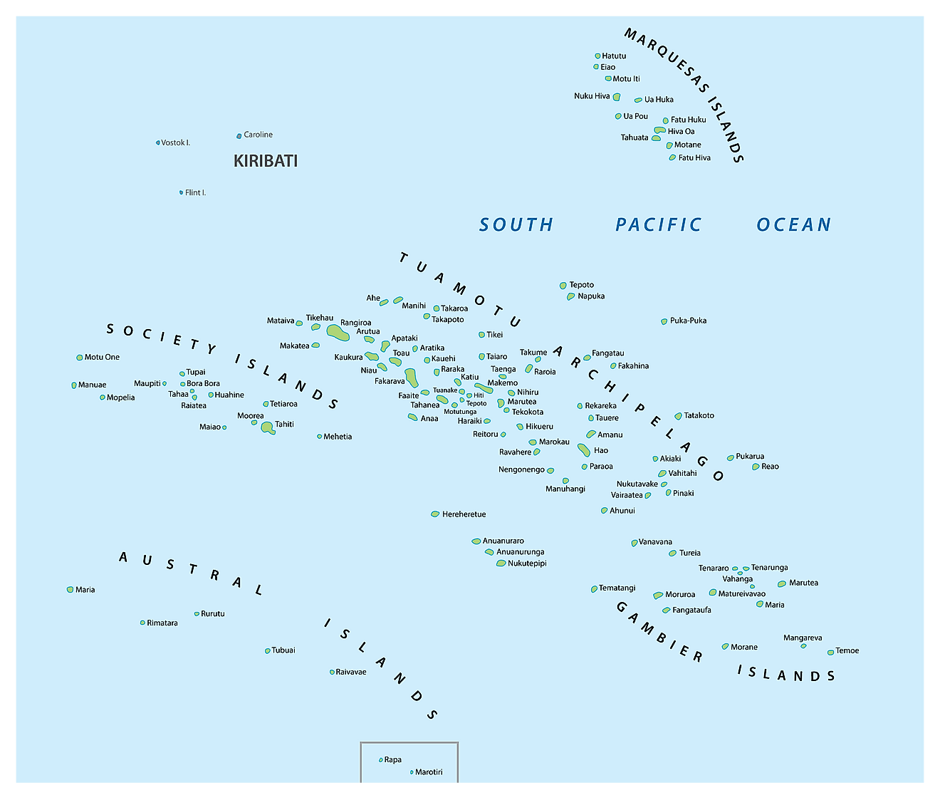 Mapa de la Polinesia Francesa que muestra las principales ubicaciones.