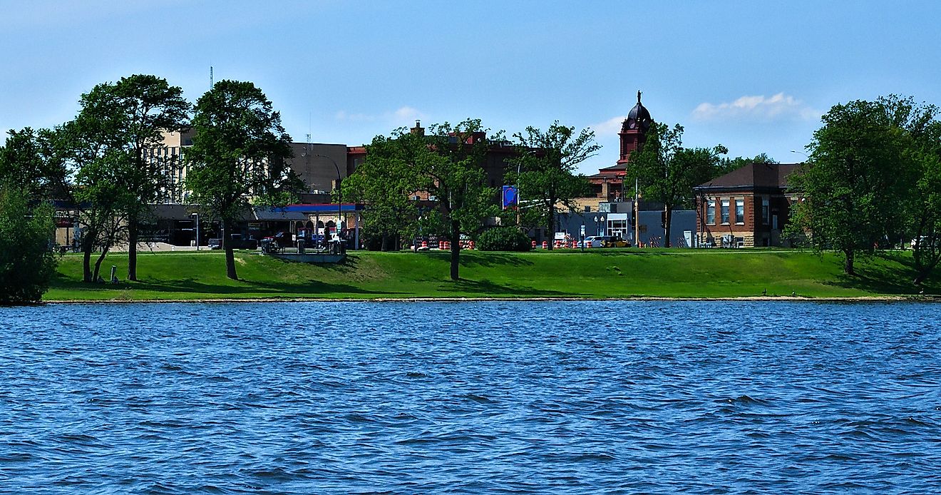 downtown from a boat on Lake Bemidji on a sunny day