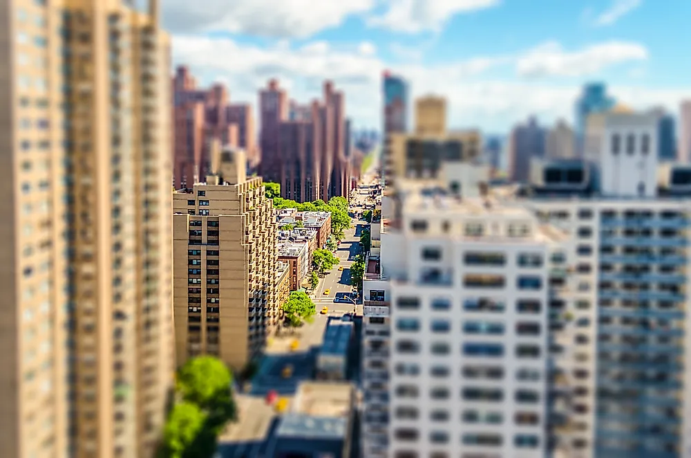 A street canyon seen here in Manhattan, New York. 