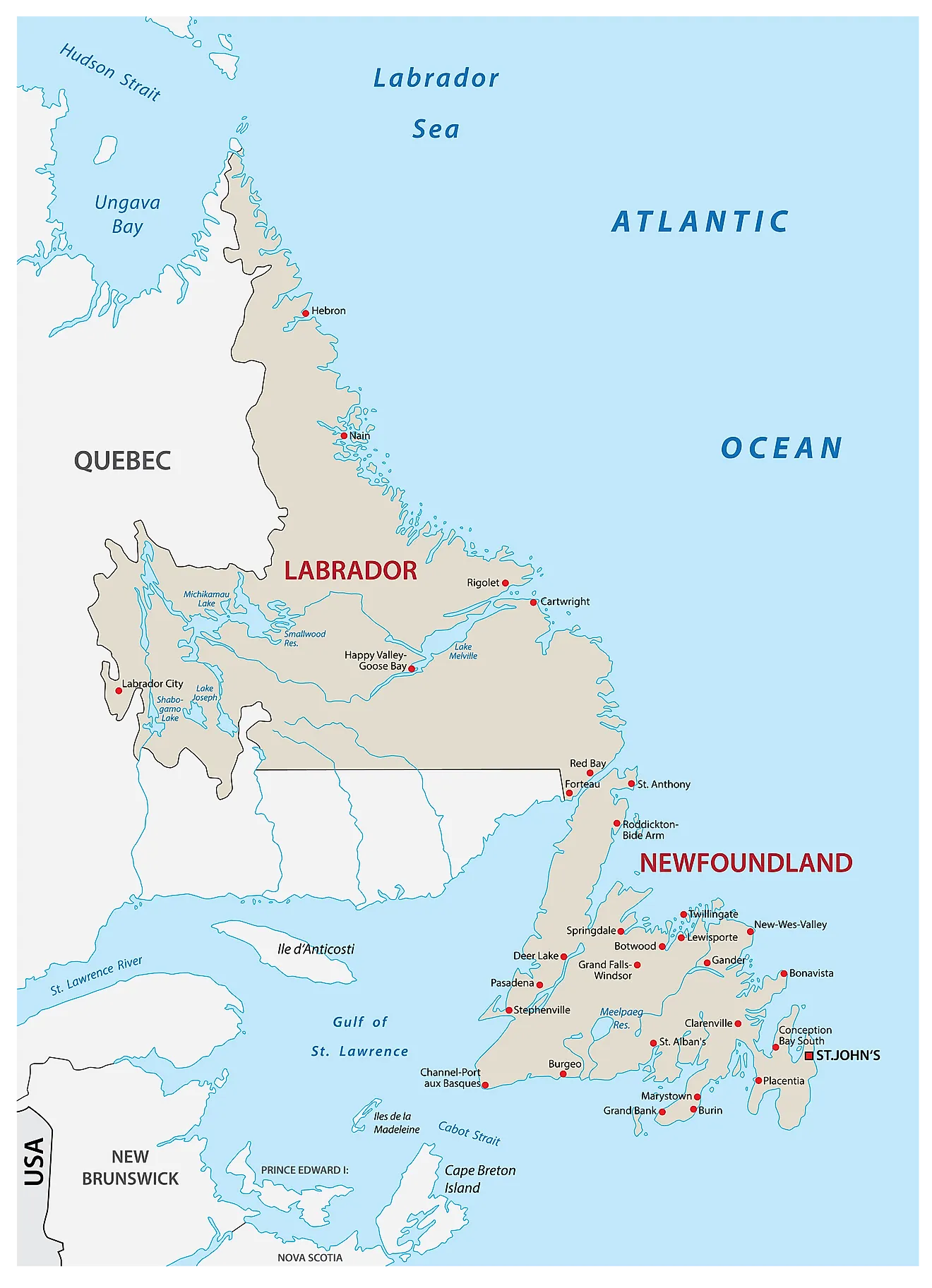 Administrative Map of Newfoundland and Labrador showing its cities/towns and its capital city - St. John's. 