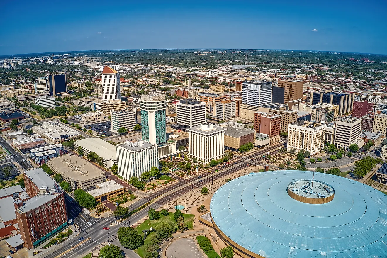 Aerial view of the downtown skyline in Wichita, Kansas.