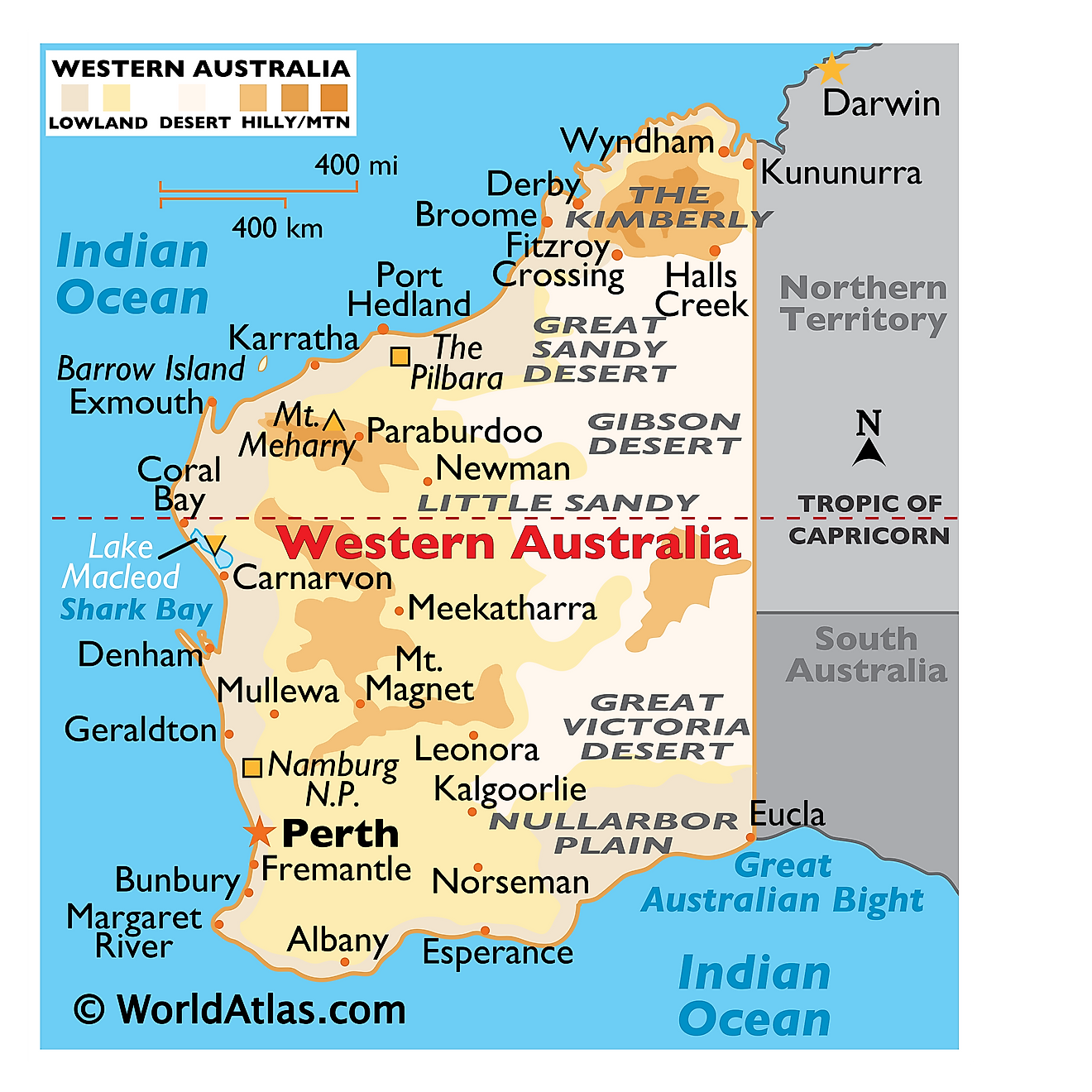 Physical Map of Western Australia. It shows the physical features of Western Australia, including mountain ranges, significant rivers, and major lakes. 