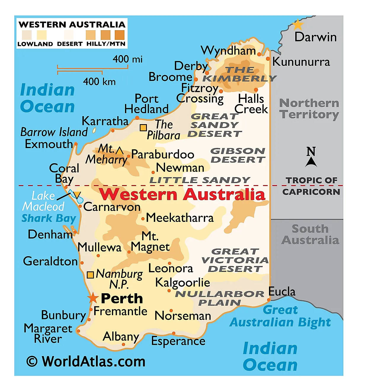 Physical Map of Western Australia. It shows the physical features of Western Australia, including mountain ranges, significant rivers, and major lakes. 