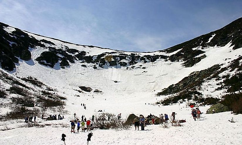 Tuckerman Ravine cirque, headwall and spring skiers, New Hampshire.