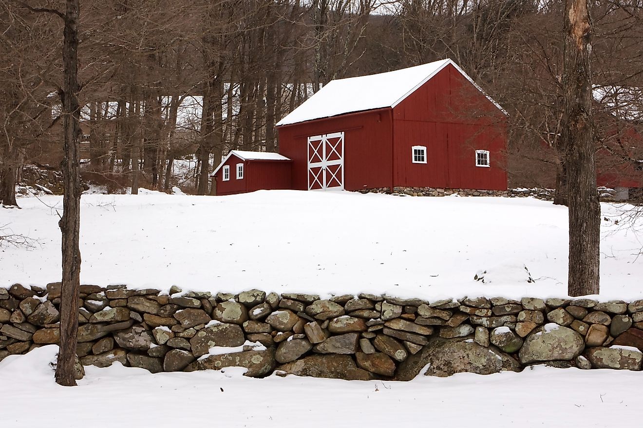 Red barn on a cloudy winter afternoon in Kent, Connecticut