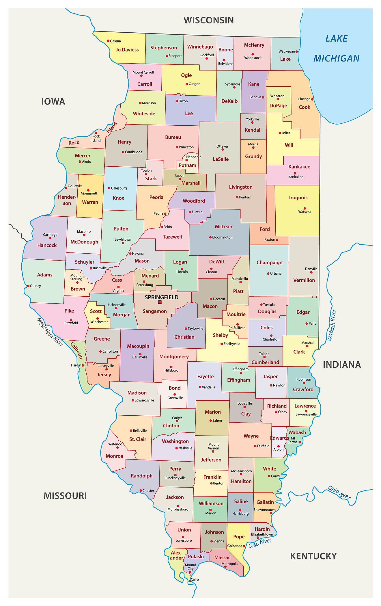 Mapa administrativo de Illinois que muestra sus 102 condados y la ciudad capital - Springfield