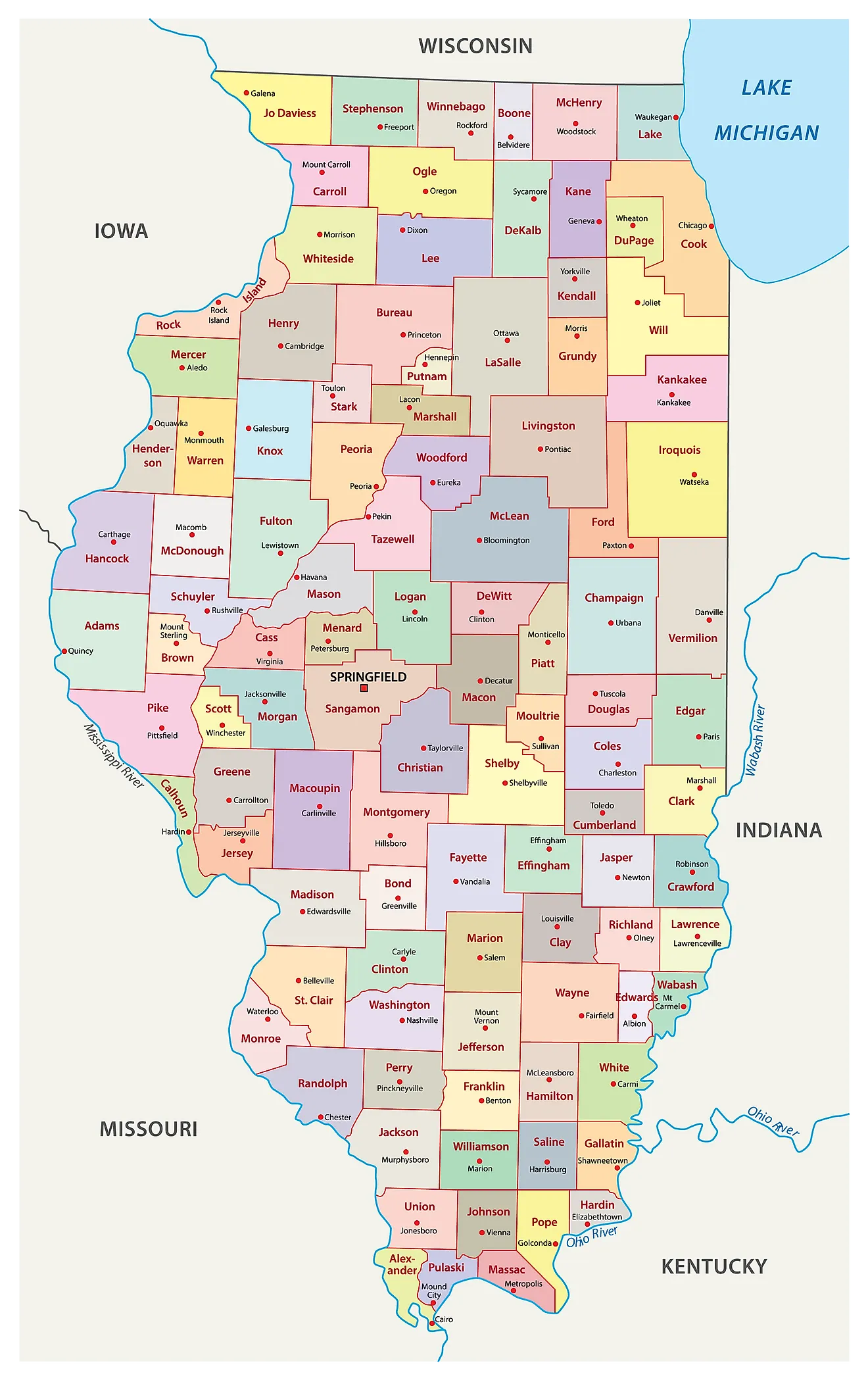 Mapa administrativo de Illinois que muestra sus 102 condados y la ciudad capital - Springfield