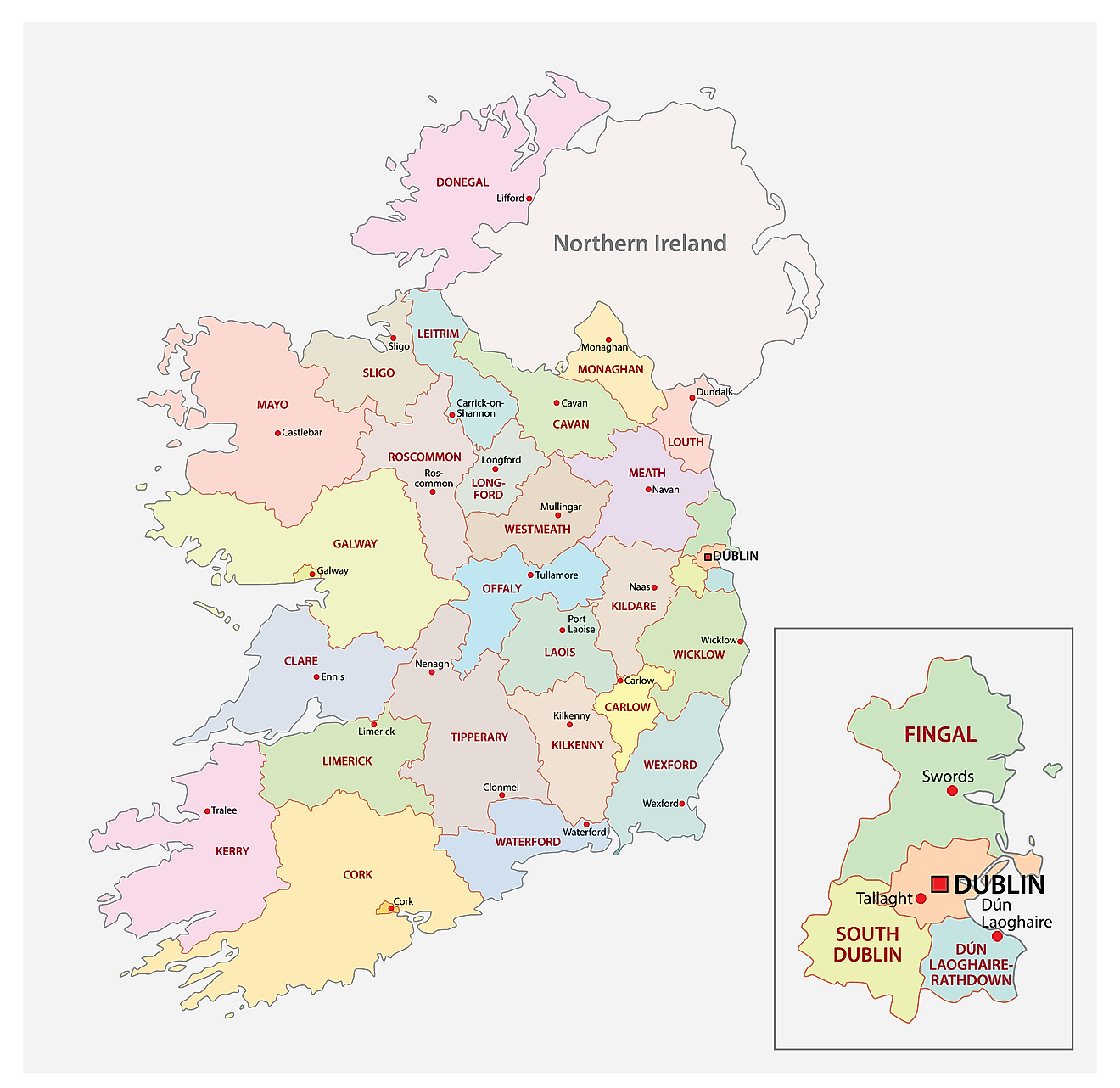 Mapa político de la República de Irlanda que muestra sus 31 áreas administrativas y la ciudad capital de Dublín
