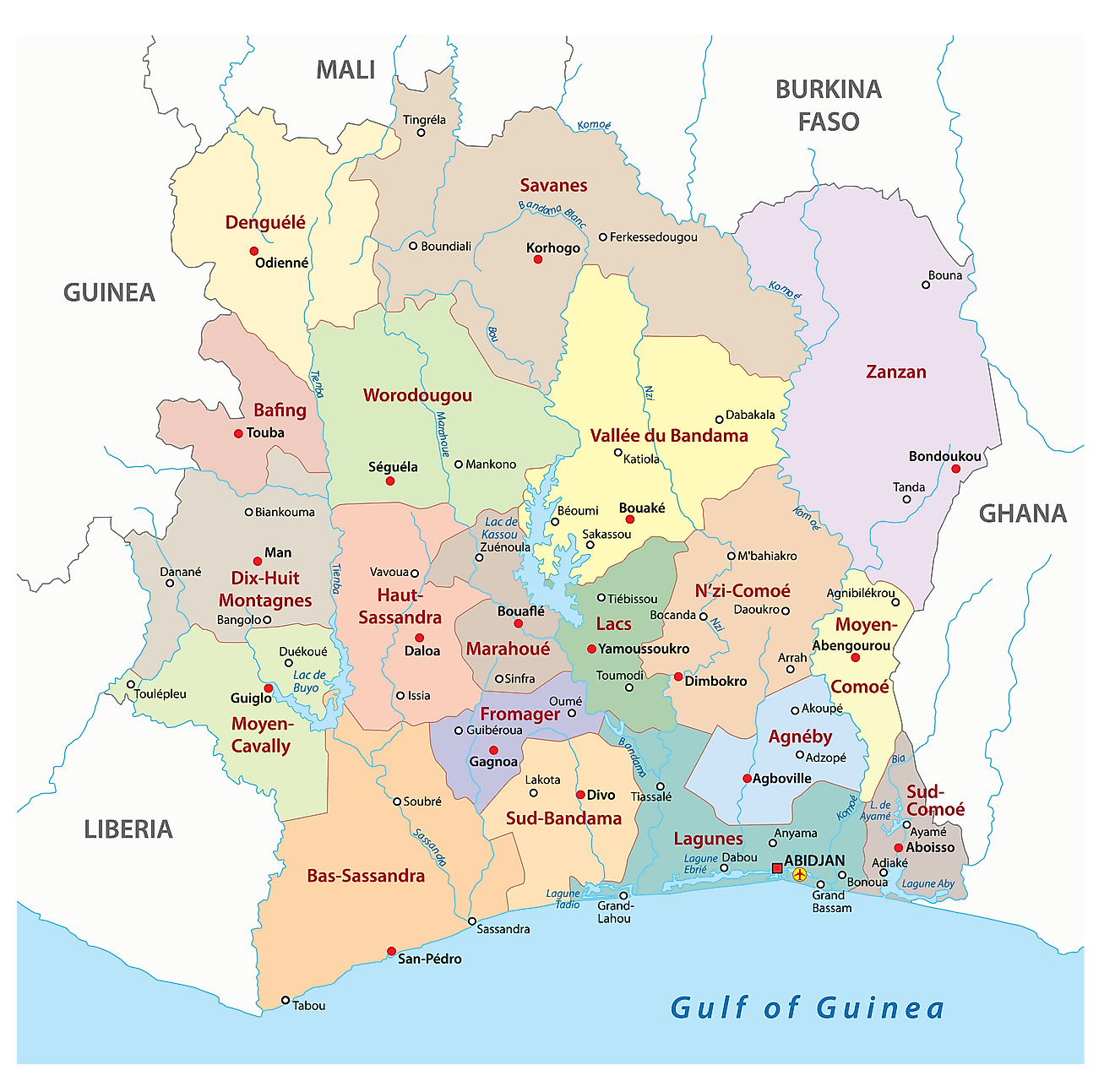 Mapa político de Costa de Marfil que muestra los 14 distritos, incluida la ciudad capital de Abiyán.