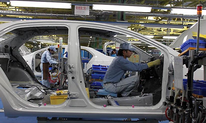 Cars being manufactured at a car factory in Japan.