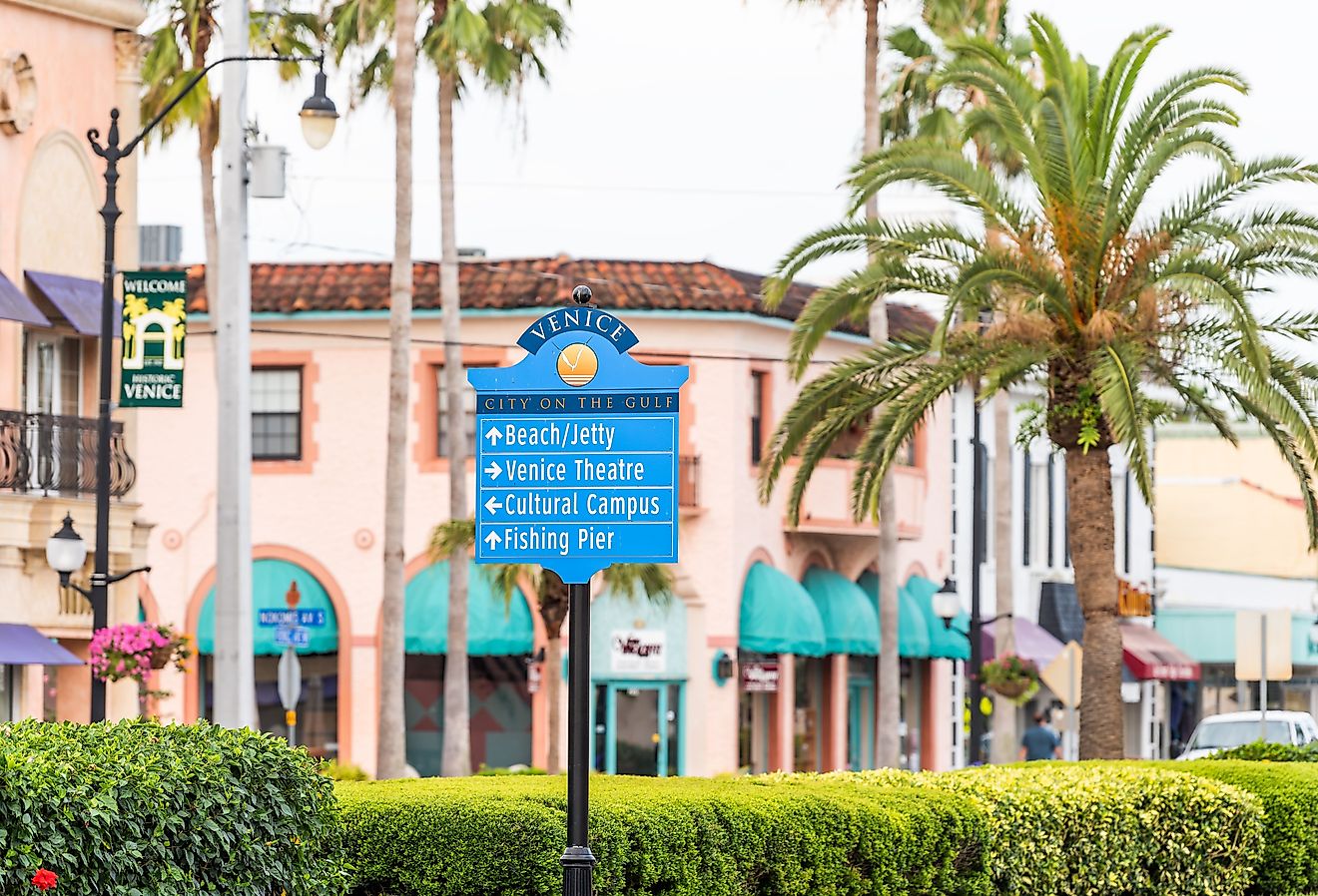 Sign in business district of Venice, Florida, a small retirement town in Florida.