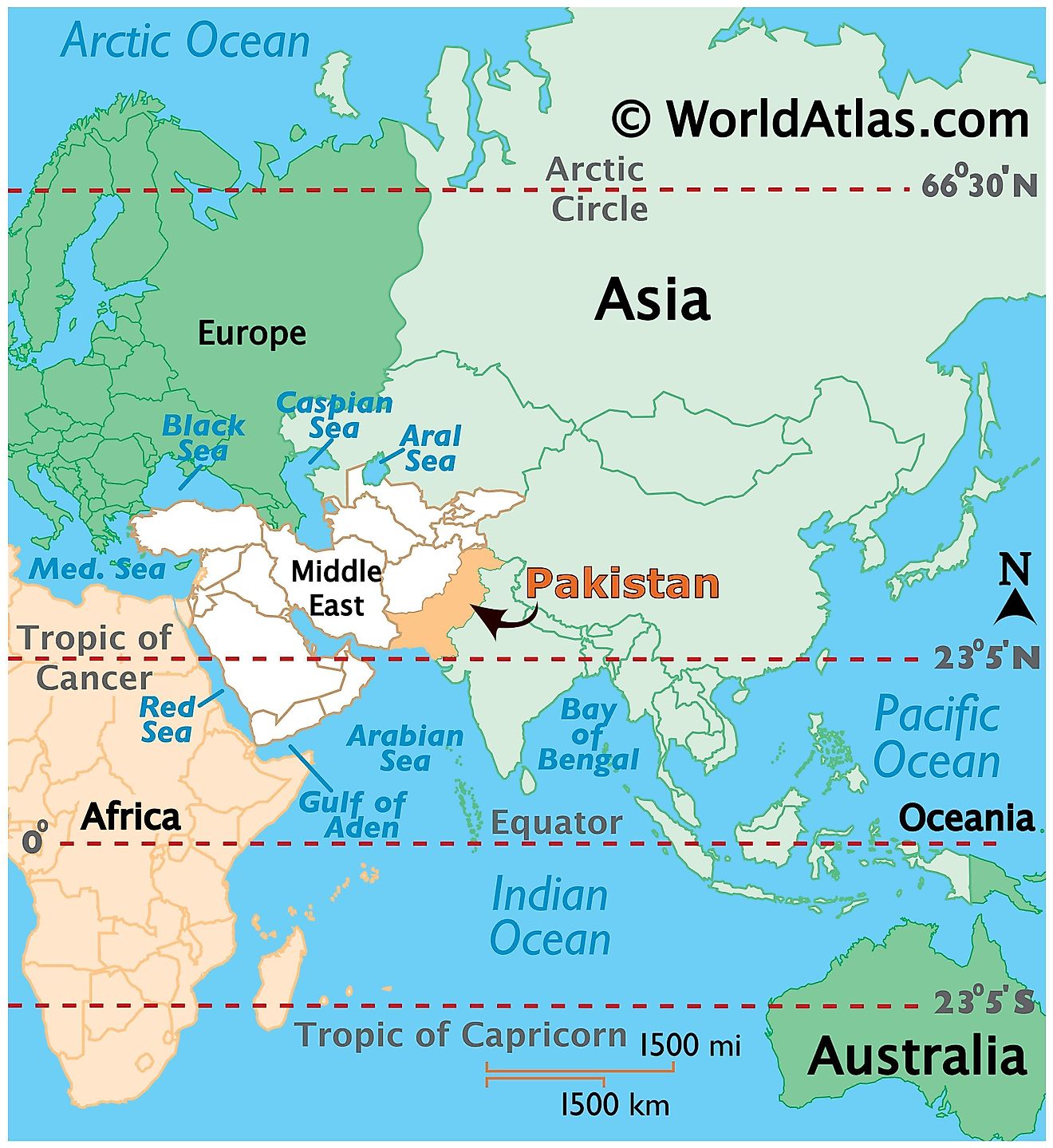 Map showing location of Pakistan in the world.