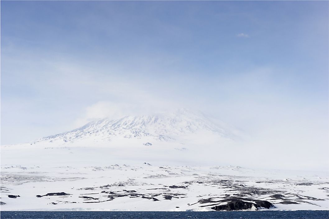 The glacier originating from Mount Erebus, Ross Island, Antarctica, eventually forms the Erebus Glacier Tongue.