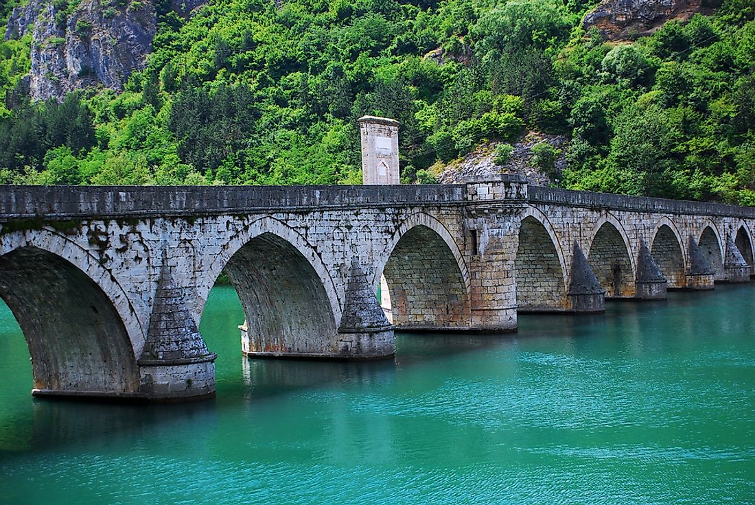 The Mehmed Pasa Sokolovic Bridge on the Drina River in eastern Bosnia and Herzegovina. 