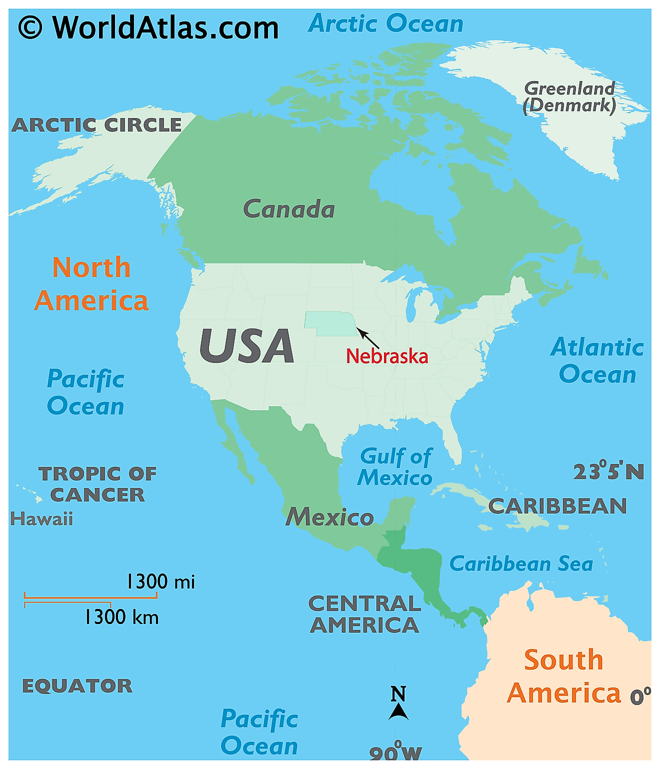Map showing location of Nebraska in the world.