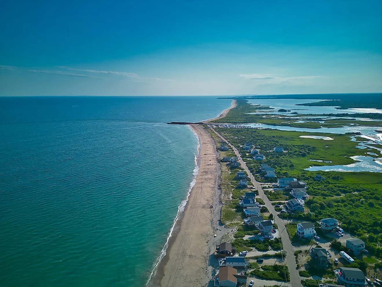 Aerial view of the sandy beach in Charlestown, Rhode Island.