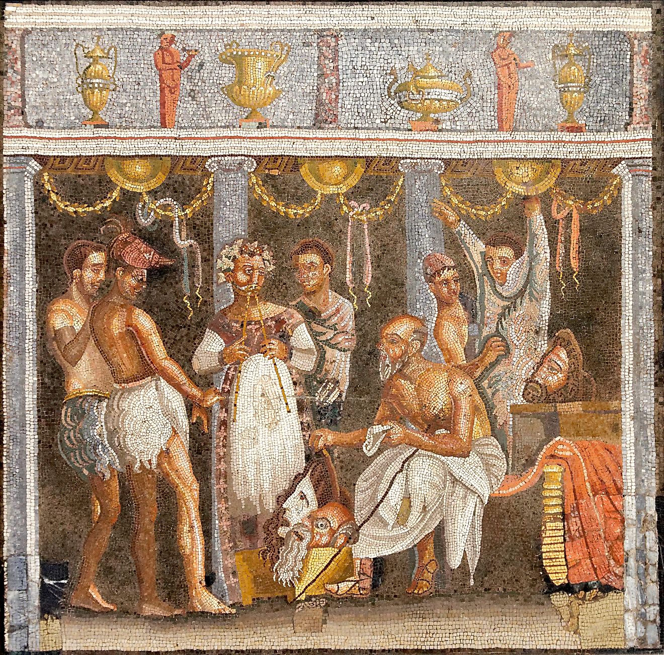 Mosaic depicting a theatrical troupe preparing for a performance