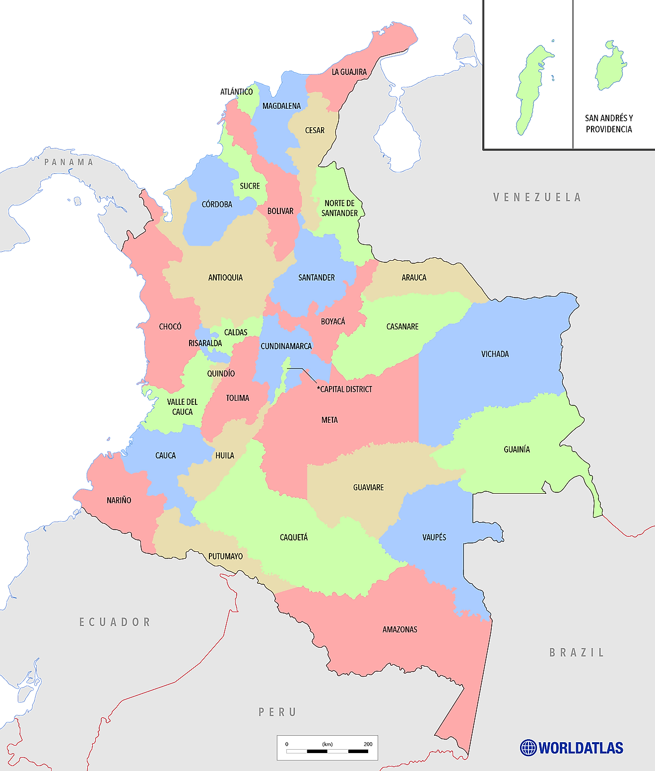 Mapa Político de Colombia mostrando sus 32 departamentos y el distrito capital - Bogotá