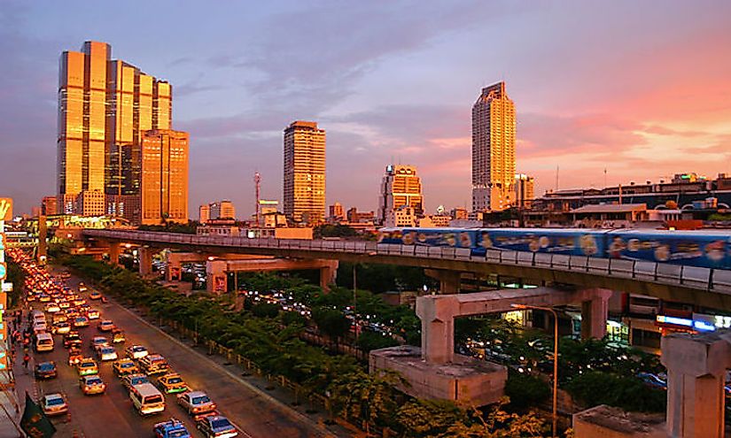 A view of a busy street in Bangkok, the capital city of Thailand.