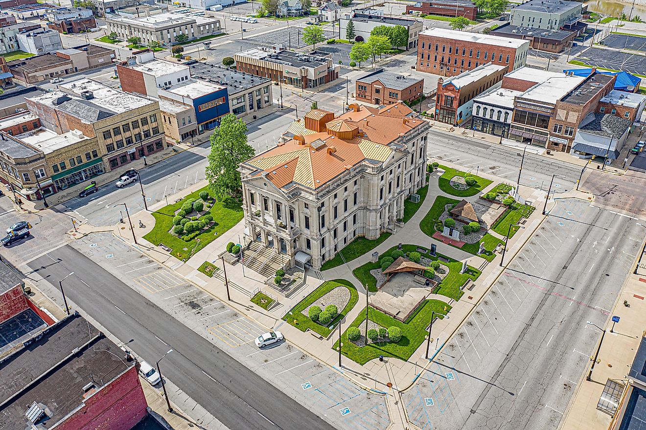 Aerial view of historical buildings in Marion, Indiana.