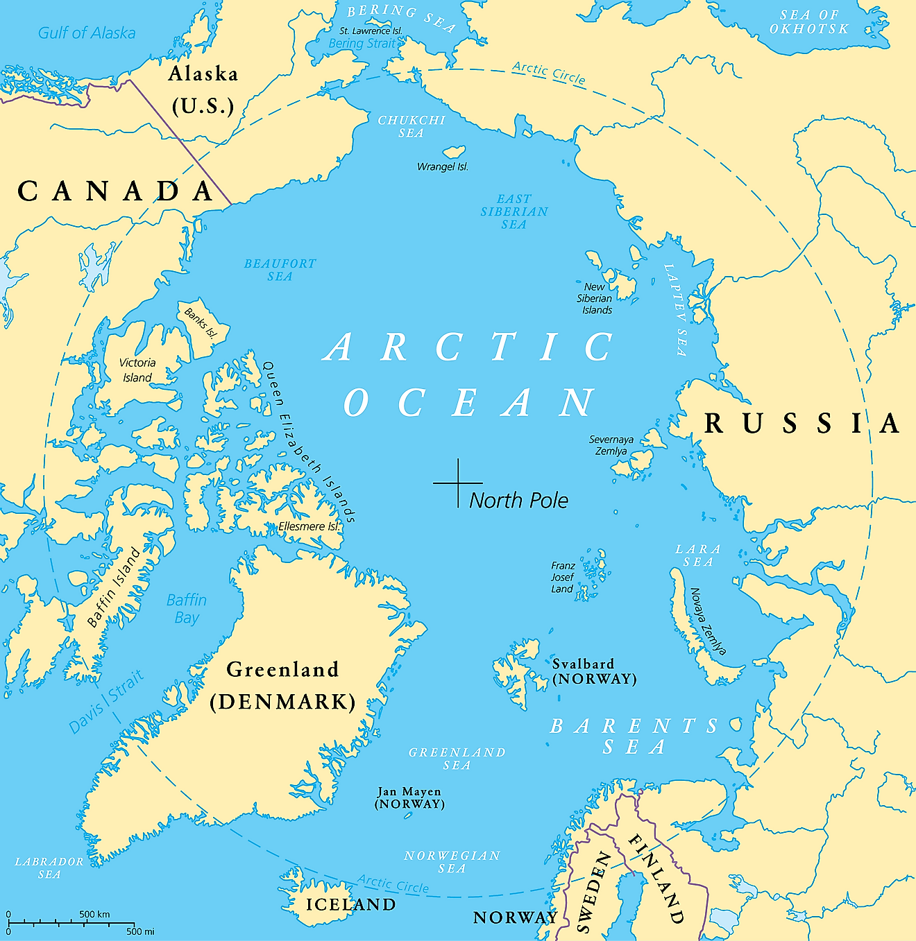 Countries with coastlines on the Arctic Ocean.