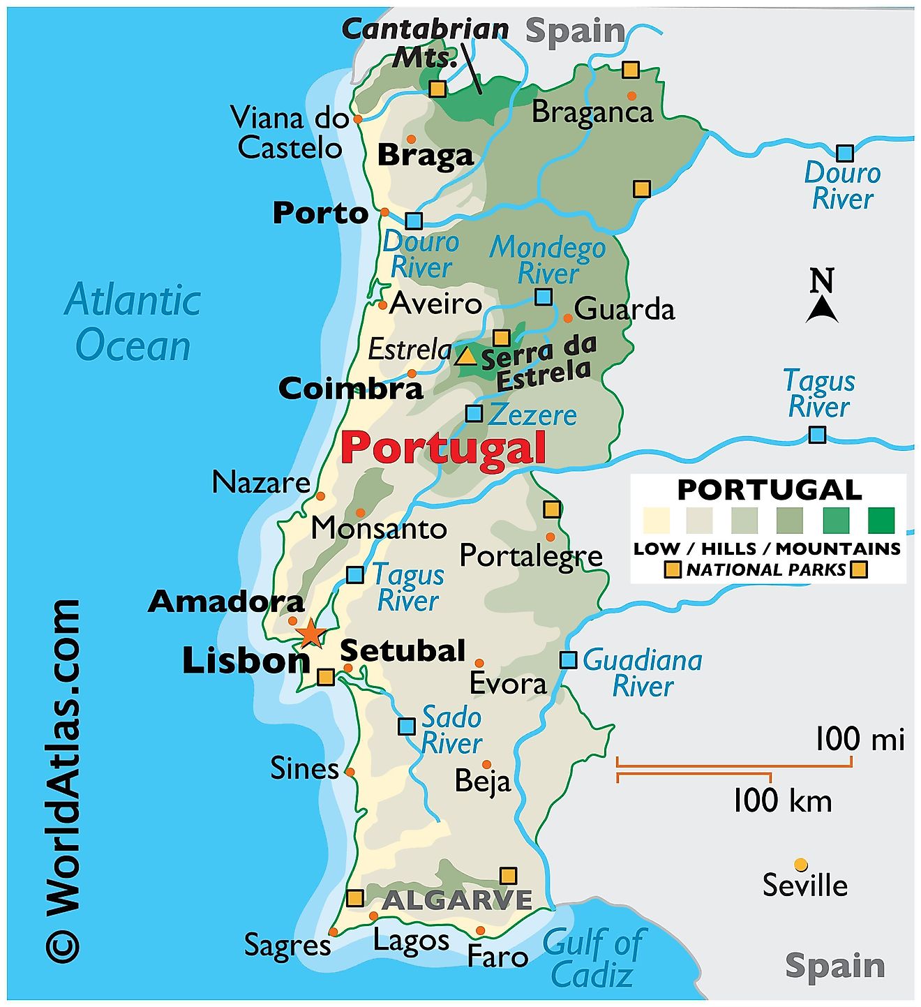 Mapa físico de Portugal que muestra el relieve, las fronteras internacionales, los principales ríos, las cadenas montañosas, los puntos extremos, las ciudades importantes, etc.