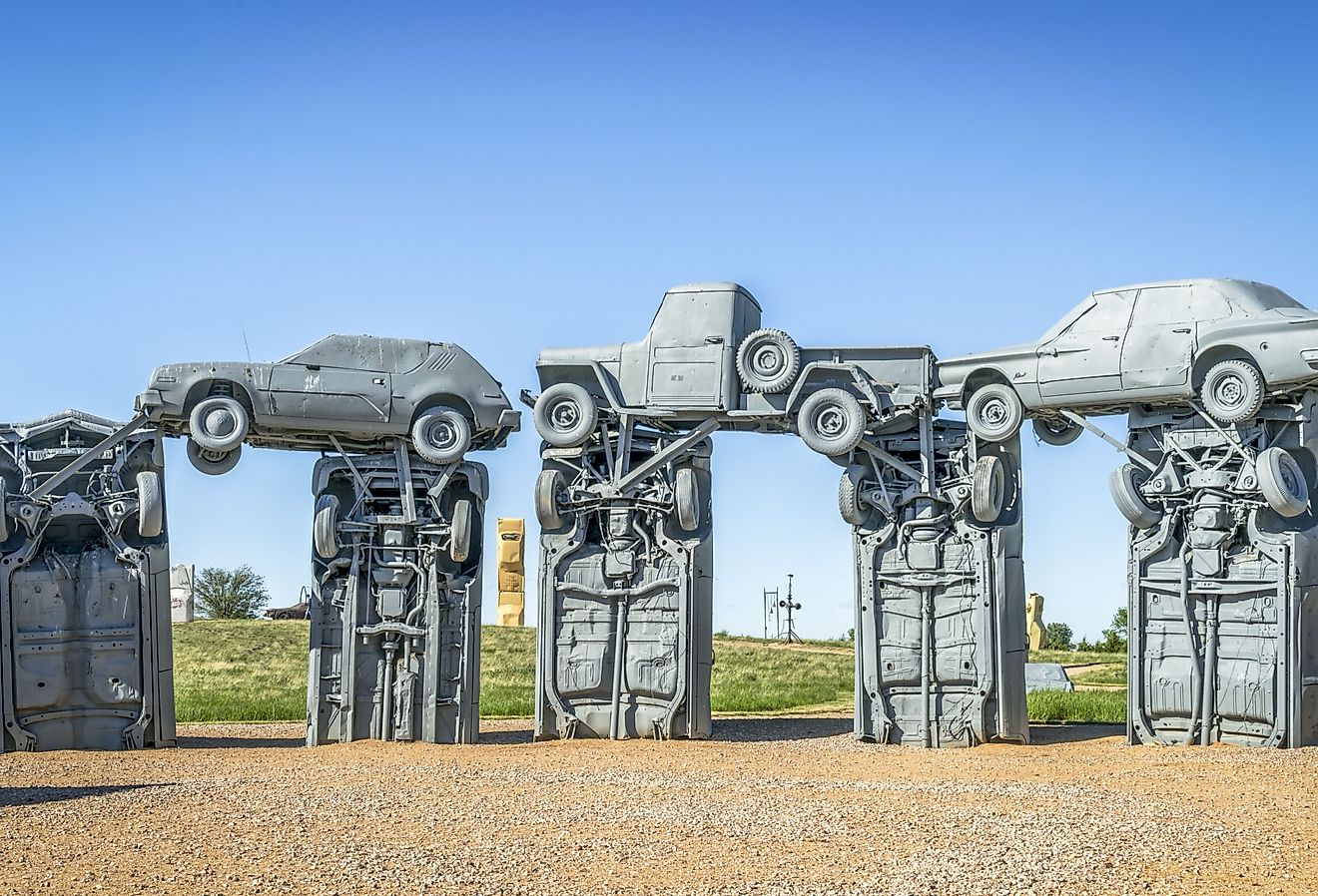 Carhenge - famous car sculpture created by Jim Reinders, a modern replica of England's Stonehenge using old cars. Editorial credit: marekuliasz / Shutterstock.com