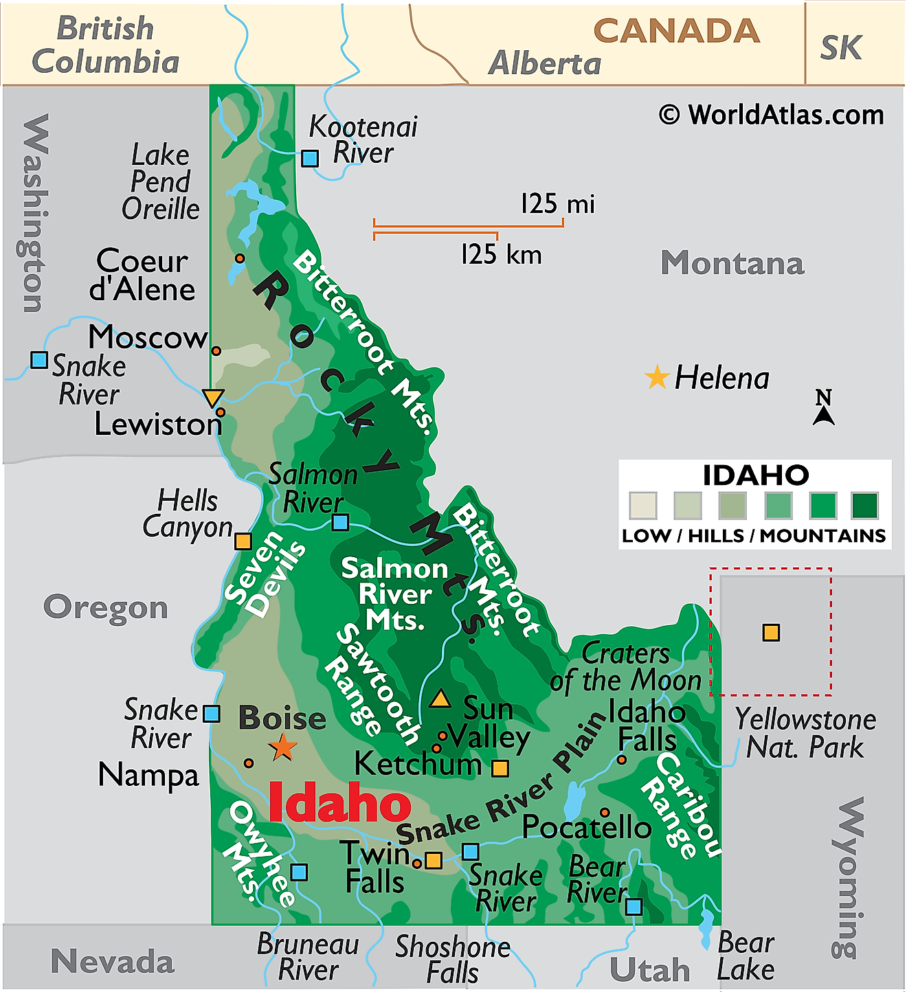 Fysisk karta över Idaho. Den visar de fysiska dragen i Idaho, inklusive dess bergskedjor och större floder. 