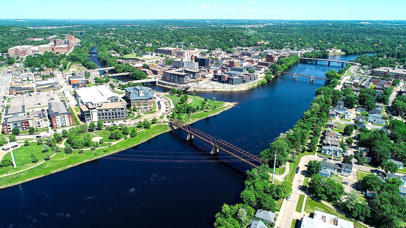 The Chippewa River approaching the confluence in downtown Eau Claire, Wisconsin.