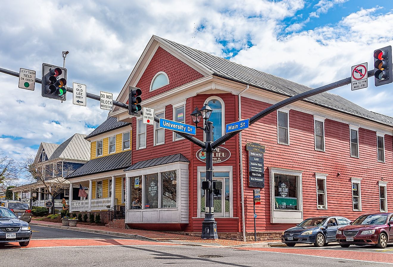 Old town downtown at University drive, Main street intersection with stores shops and restaurants in Fairfax, Virginia.