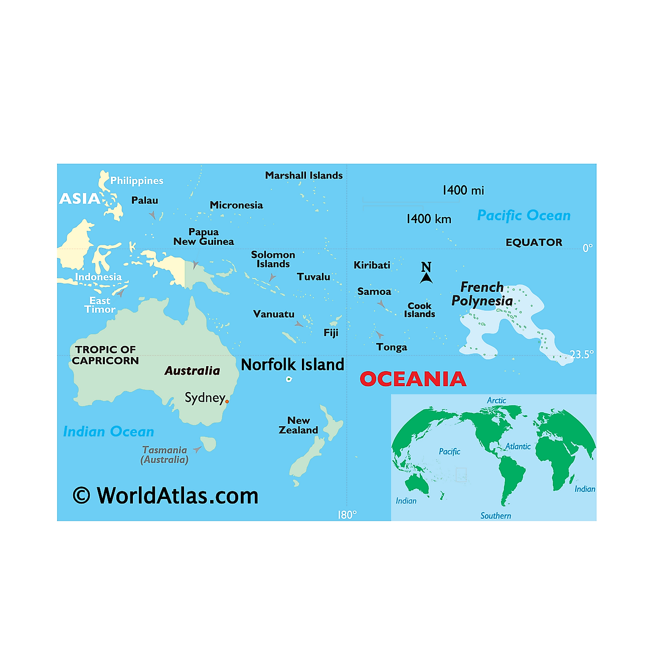 Mapa que muestra la ubicación de la Polinesia Francesa en el mundo.