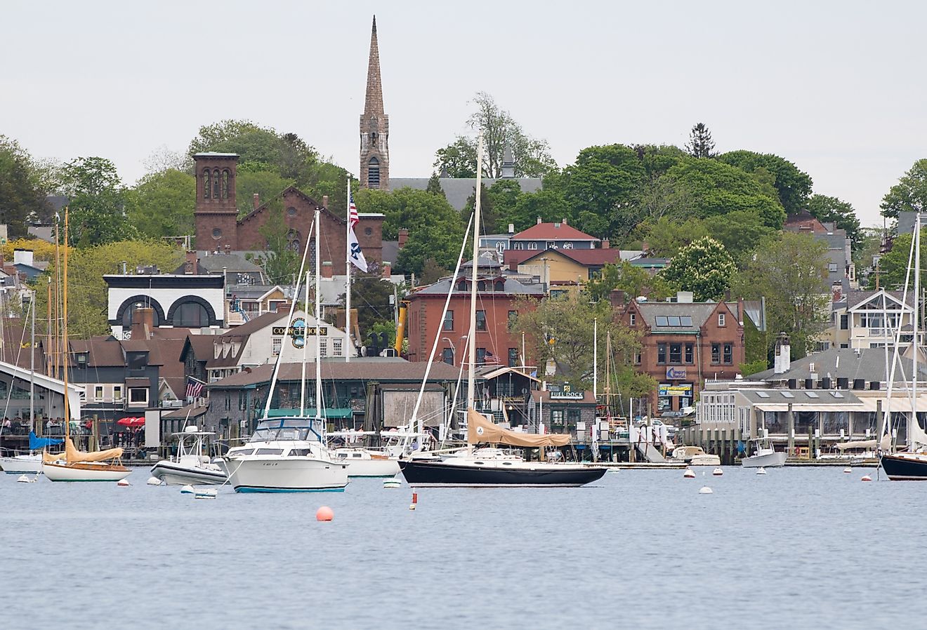 Newport Harbor and the historic St. Mary's Church in Newport, Rhode Island.
