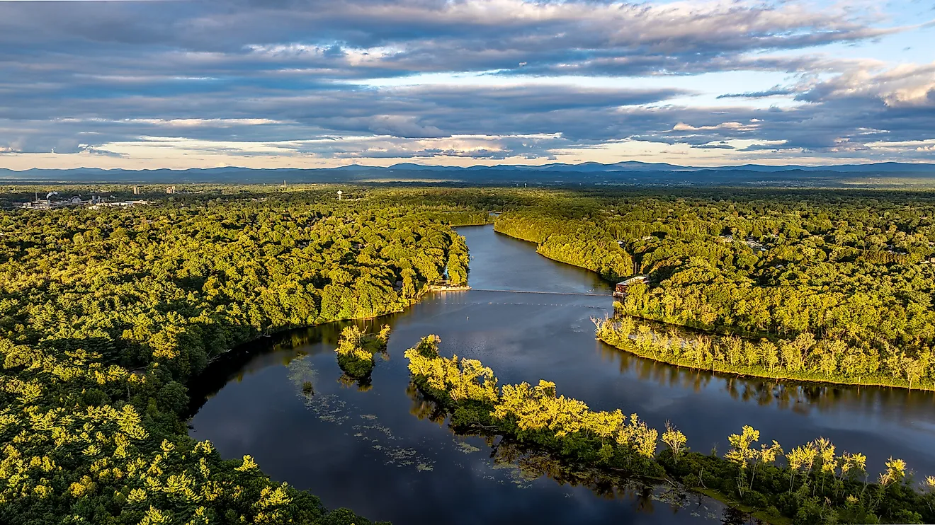 Late afternoon aerial view over the Queensbury, NY, and the Hudson River