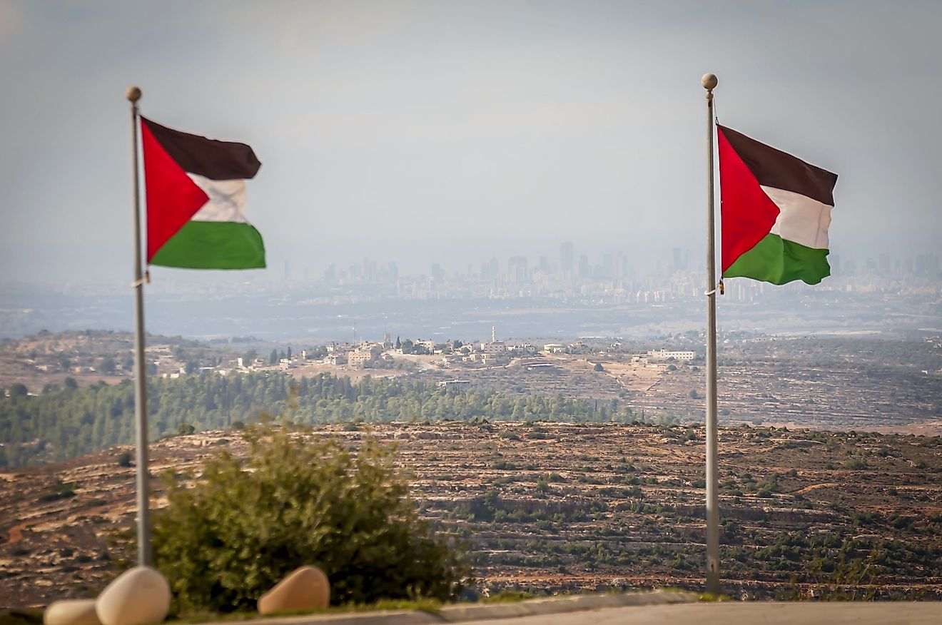 Flag of Palestine in Rawabi, West Bank. Editorial credit: Roman Yanushevsky / Shutterstock.com