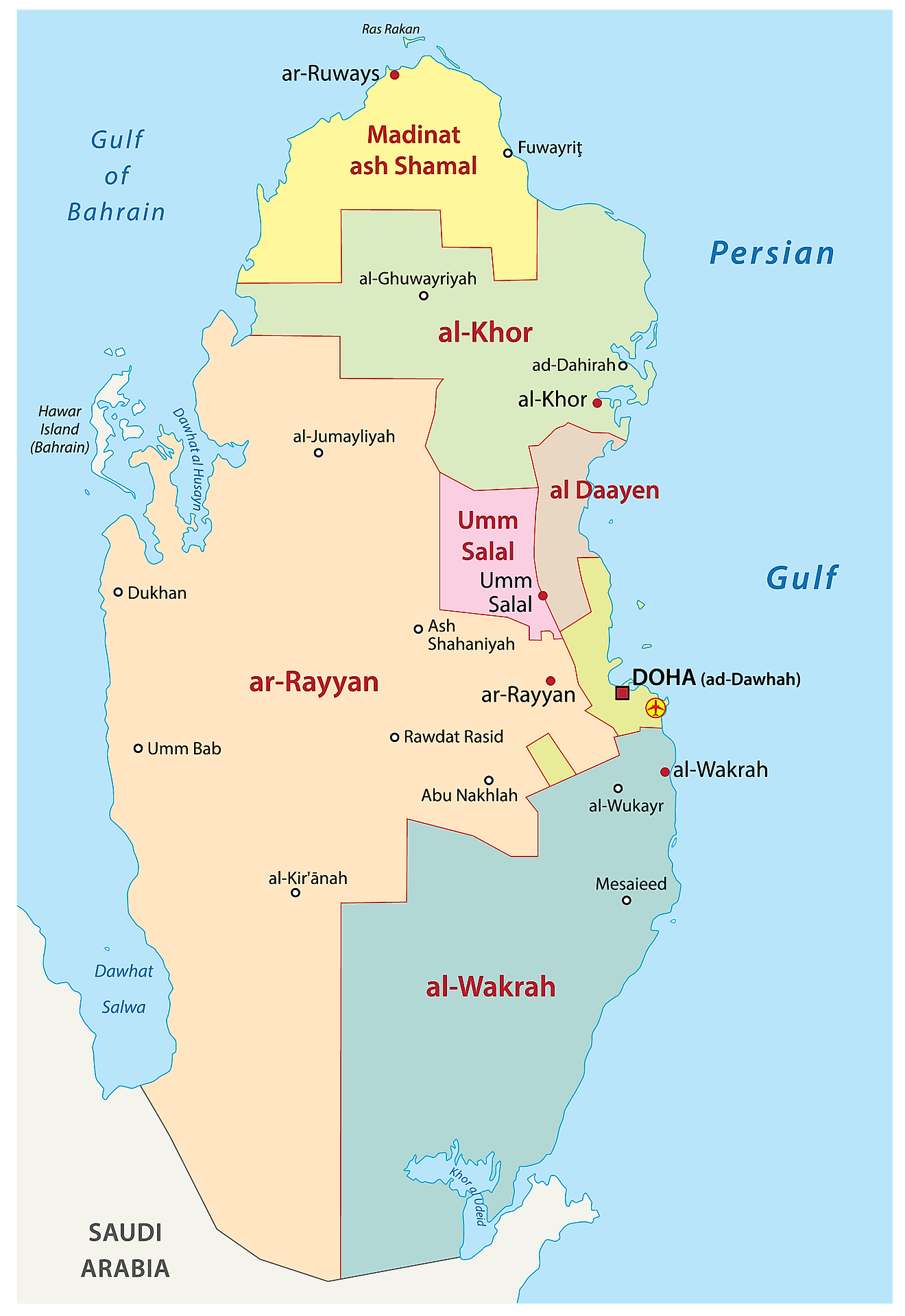 Political Map of Qatar showing the 8 municipalities, their capitals, and the national capital of Doha.