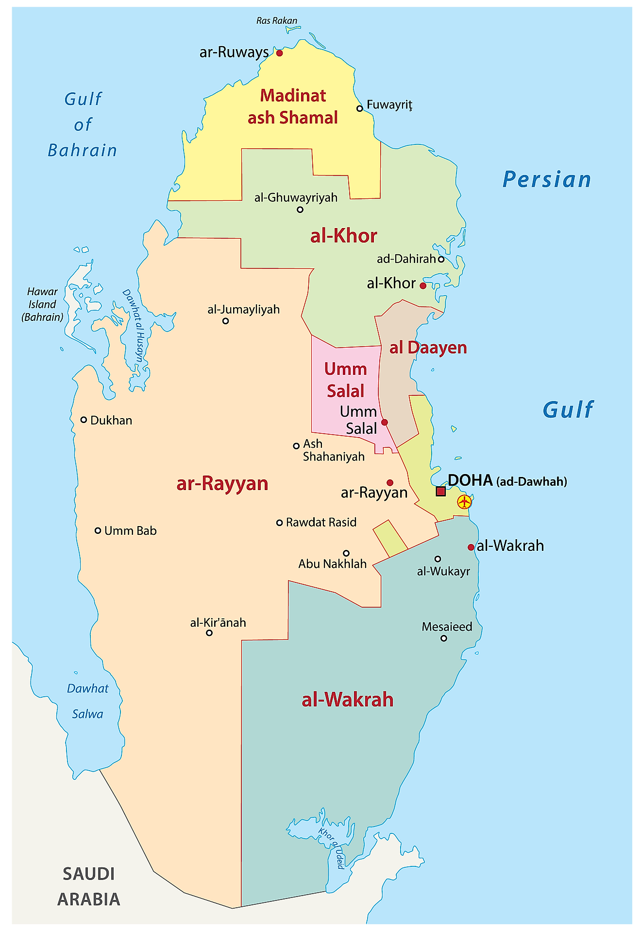 Mapa Político de Qatar que muestra los 8 municipios, sus capitales y la capital nacional de Doha.