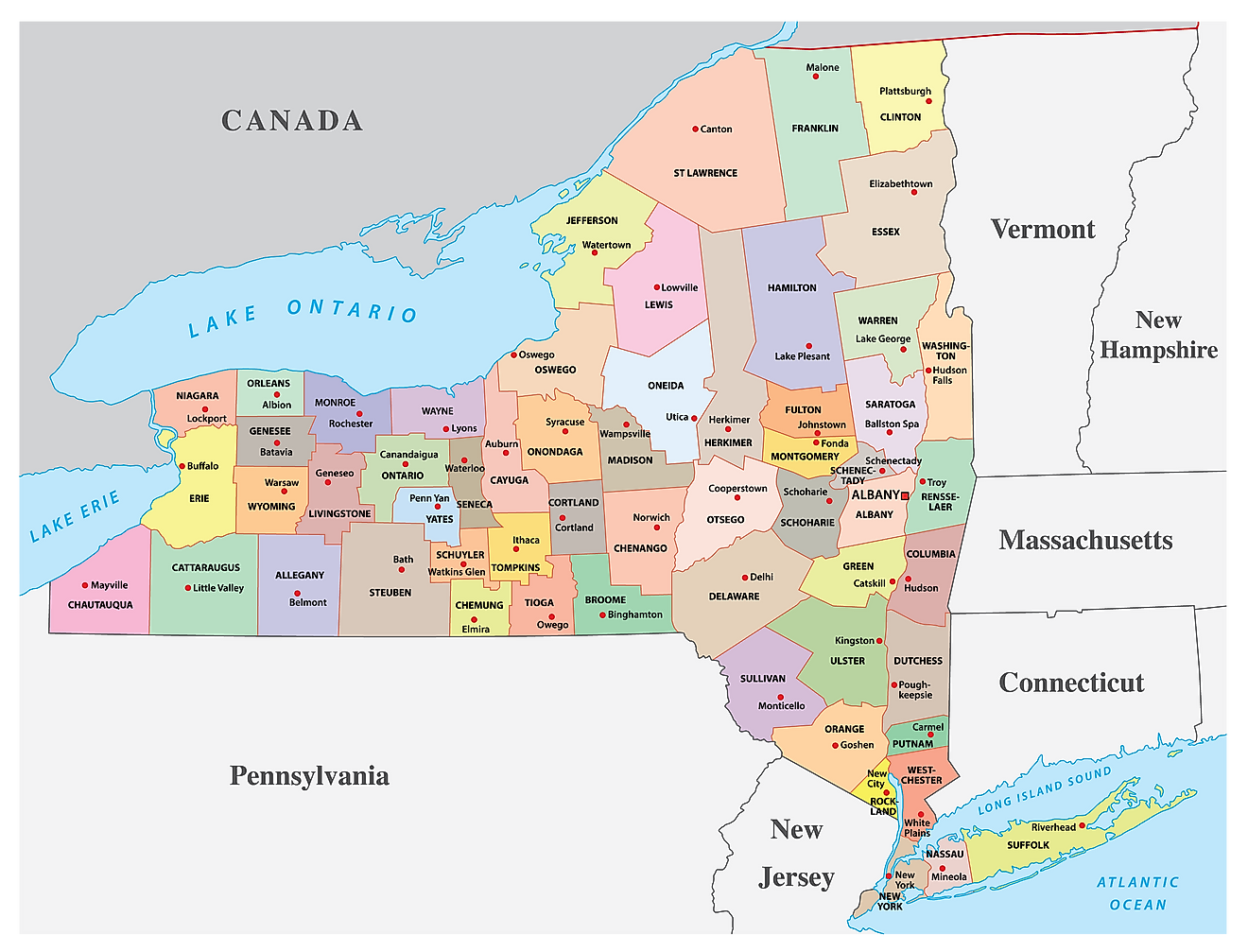 Mapa administrativo de Nueva York que muestra sus 62 condados y la ciudad capital - Albany