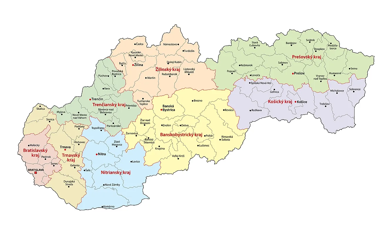 Political Map of Slovakia showing its 8 regions and the capital city of Bratislava.