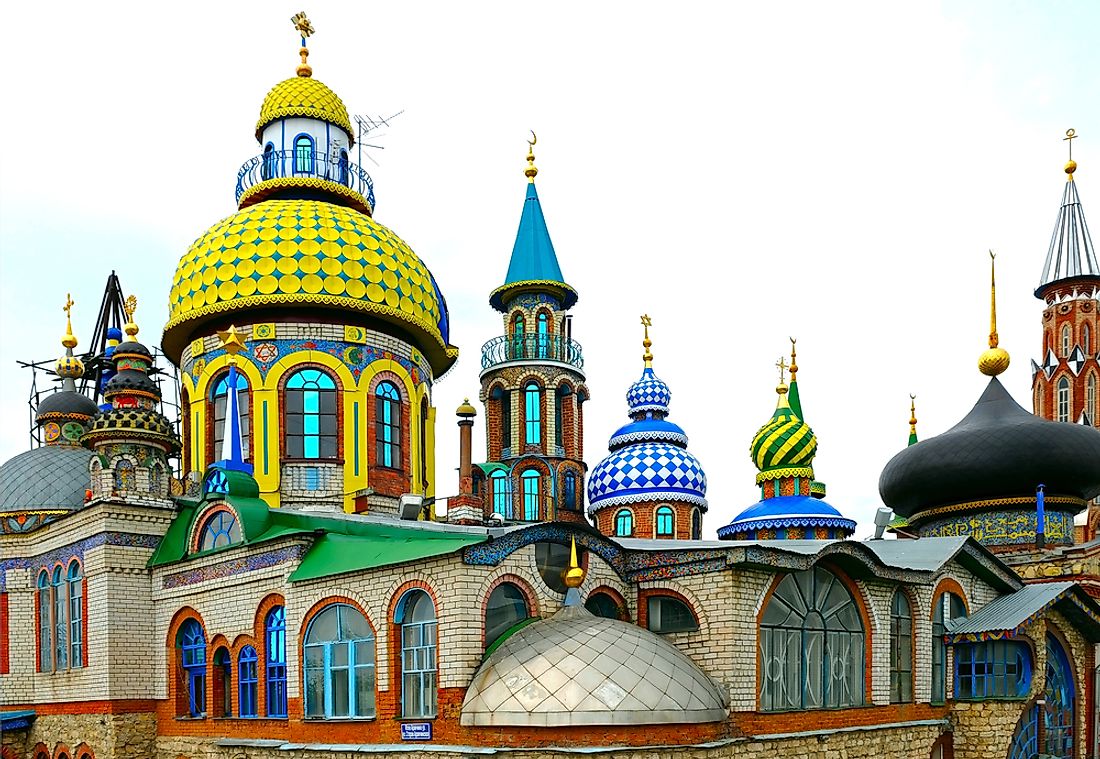 The Temple of All Religions located in Kazan, Russia includes an Orthodox church, a mosque, and a synagogue, among places for other types of worship.