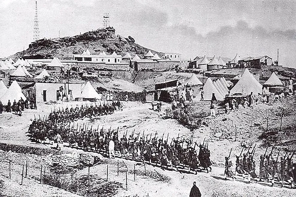 A column of French troops on the move in a tented encampment in Morocco, 30 March 1912.