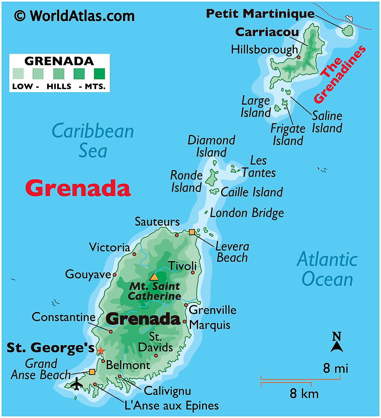 Mapa físico de Granada que muestra las islas principales, el terreno, el punto más alto, los asentamientos importantes, las playas, etc.