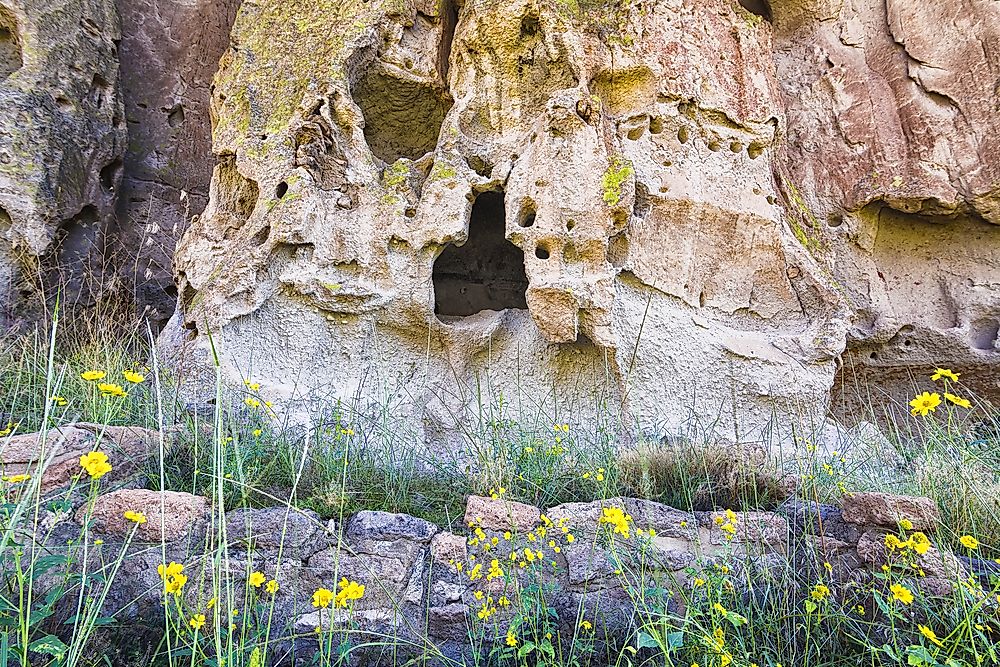 Ancient Pueblo cave dwellings in the Bandelier National Monument.