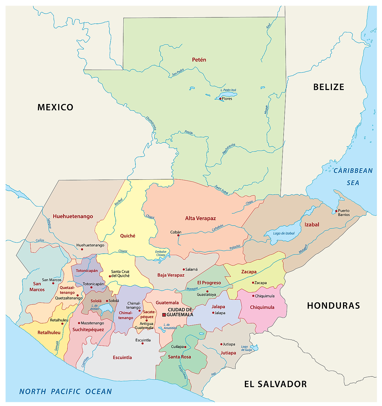 Mapa político de Guatemala que muestra sus 22 departamentos y la capital, Ciudad de Guatemala