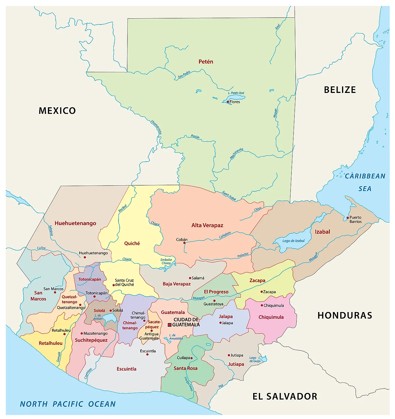 Mapa Político de Guatemala mostrando sus 22 departamentos y la capital Ciudad de Guatemala