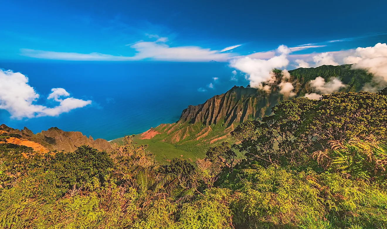 Looking over the Kalalau Valley on the Na Pali Coast from the Kalalau Lookout at 4,000 ft, near Wai'ale'ale in Waimea Canyon State Park on the west side of the island of Kauai, Hawaii, United States. Image credit: Abbie Warnock-Matthews/Shutterstock.com