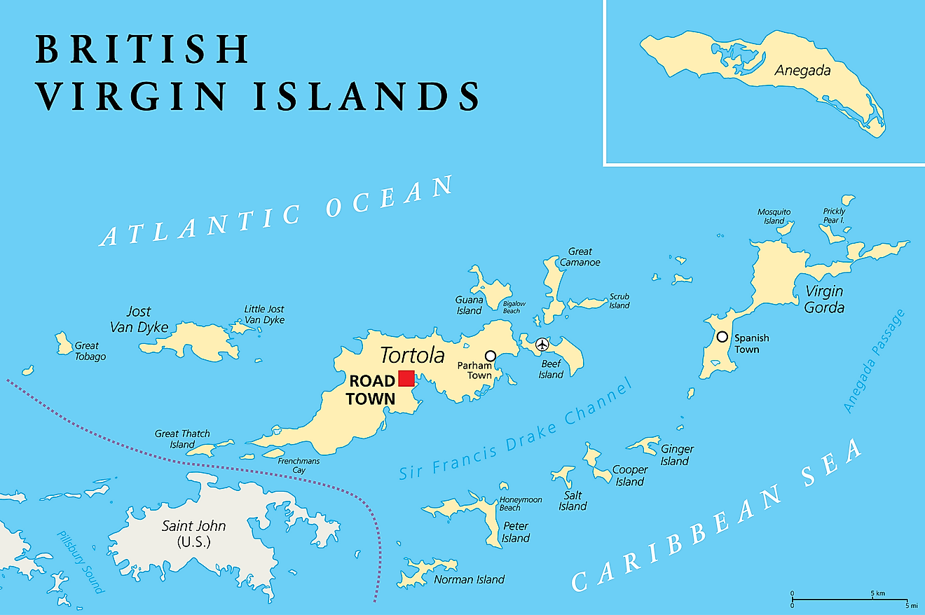 Political Map of The British Virgin Islands showing the 4 large islands and the capital - Road Town