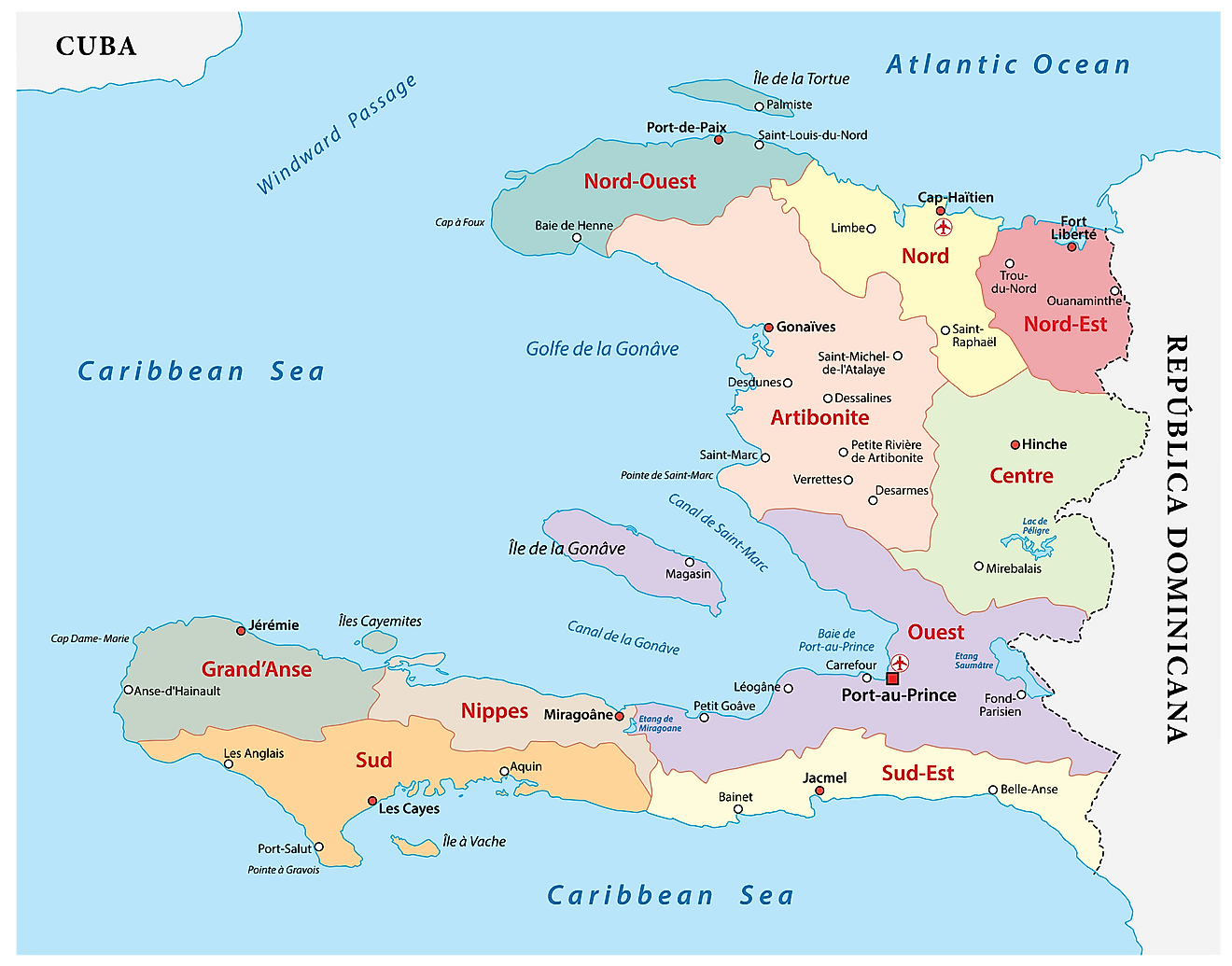 Mapa Político de Haití mostrando sus 10 departamentos y la ciudad capital de Puerto Príncipe.