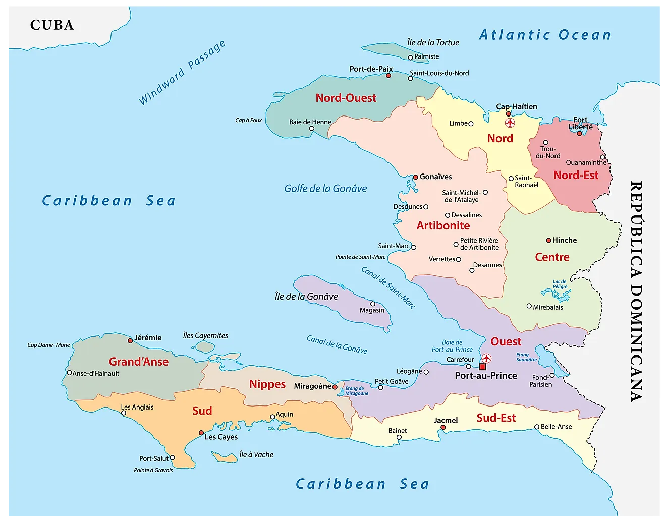 Political Map of Haiti showing its 10 departments and the capital city of Port-au-Prince.